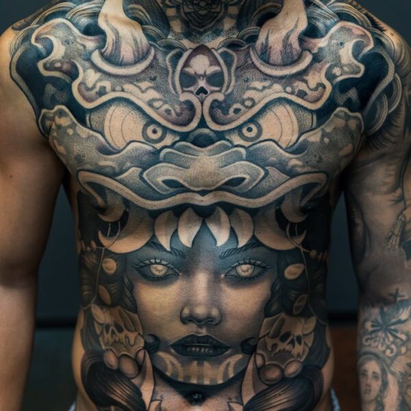Torso fusión demonio blackwork con chica realista