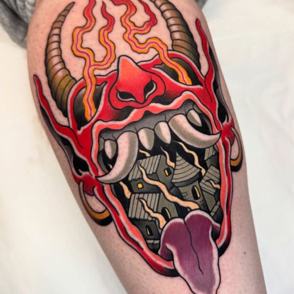 Demonio con ciudad en llamas neotradicional