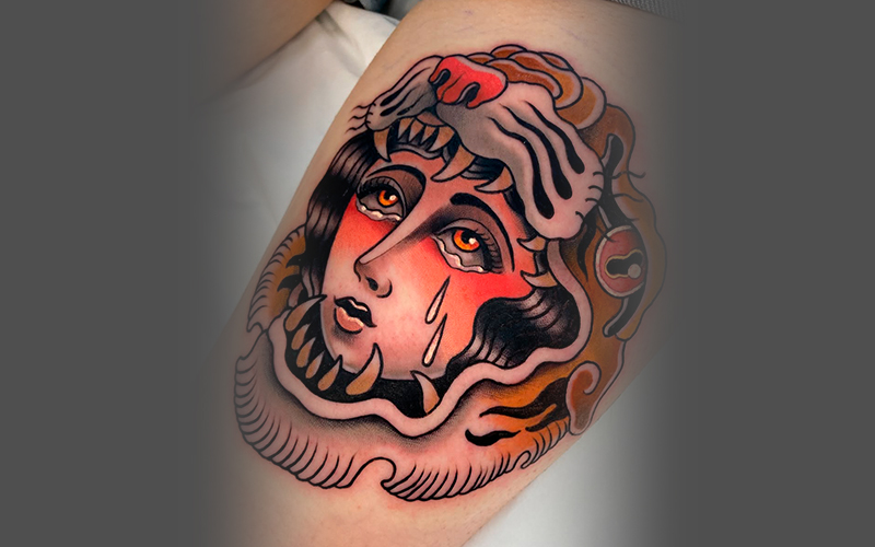 Tatuaje David Laculpa chica tigre neotradicional